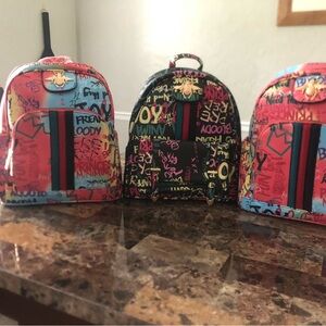 NWT Premium Retro Vintage Pink/Blue/Yellow Graffiti Vegan Leather Backpa…